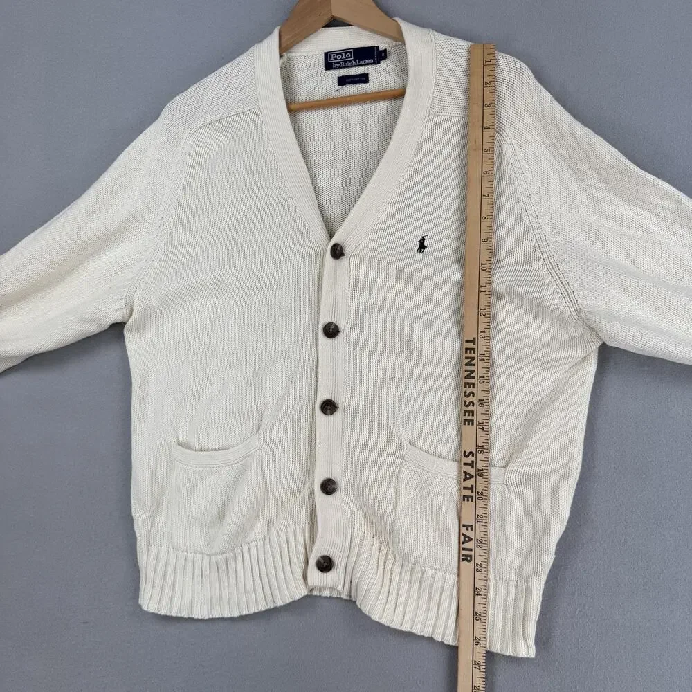 Vintage Polo Ralph Lauren Sweater Mens Small White Cotton V Neck Knit Cardigan